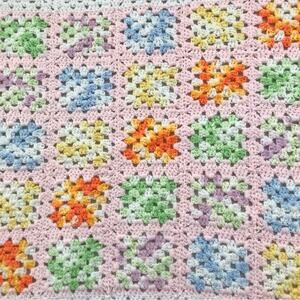 Hand Made Crocheted Pink Baby Granny Square Blanket Multi-Colored
